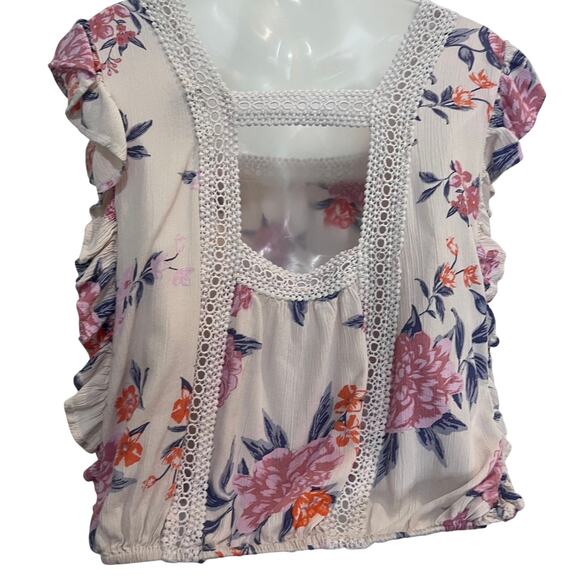 Angie Square Neck Crochet Crinkle Floral Flutter Ruffle Blouse Top Cream Large - Picture 3 of 7